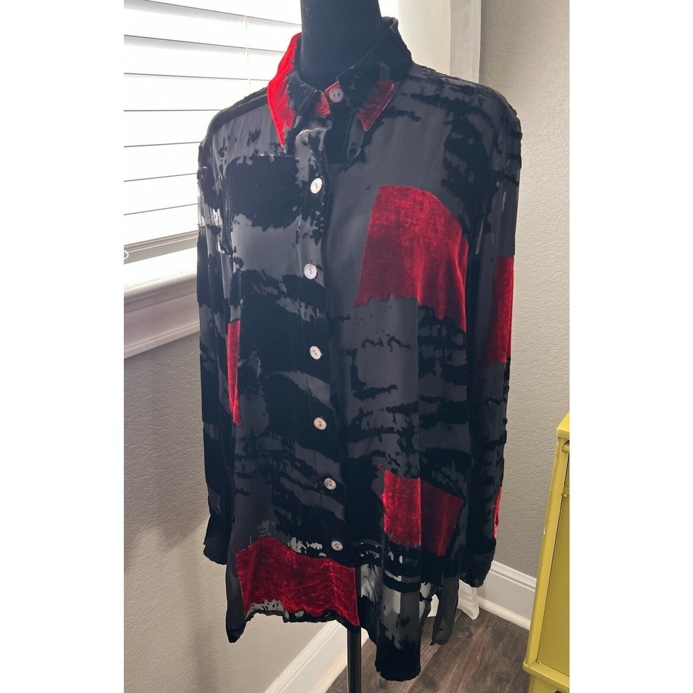 Chicos semi sheer rayon & silk red & black burnt velvet blouse. Size 1 or M Boho